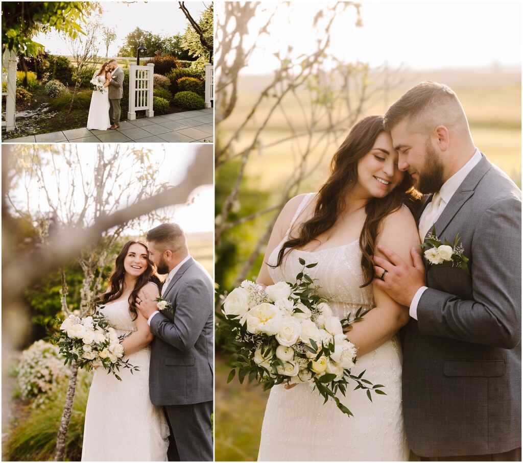 Snohomish Wedding Photographer GSquared Weddings Collage of a couple on their summer wedding day. They stand in a garden, embracing tenderly. The bride holds a bouquet of white roses, and the groom wears a gray suit with a boutonniere. The Port Gamble background features a sunlit, grassy field. Serving Seattle, Snohomish and Orlando
