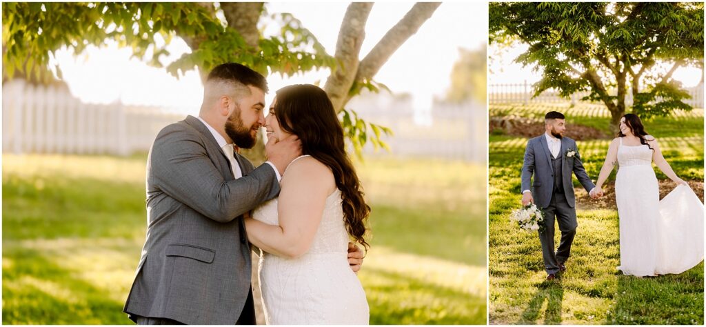 Snohomish Wedding Photographer GSquared Weddings A couple in wedding attire shares a tender moment under a tree, with the groom caressing the brides face at their Port Gamble summer wedding. In the second image, they joyfully walk hand in hand through a sunlit garden, the bride holding a bouquet. Serving Seattle, Snohomish and Orlando