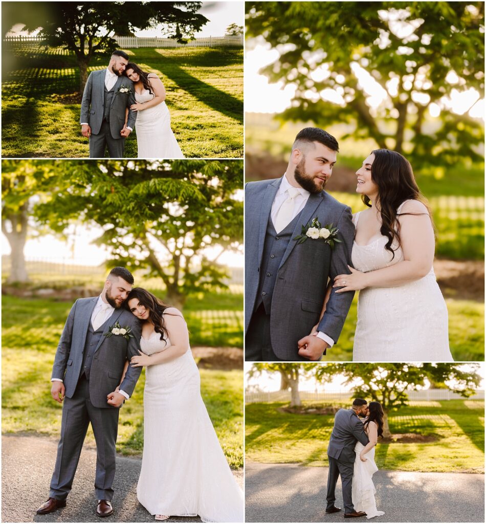 Snohomish Wedding Photographer GSquared Weddings A couple is dressed in wedding attire, embracing and holding hands on a sunlit path with Port Gambles trees in the background. The groom, in a gray suit, and the bride, in a white dress, share smiles and tender moments during their summer wedding. Serving Seattle, Snohomish and Orlando