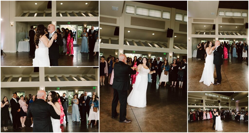 Snohomish Wedding Photographer GSquared Weddings In a spacious hall adorned with neutral tones and large windows, a bride and groom share their first dance at their Port Gamble summer wedding. Guests stand around, watching and smiling as the bride in her white gown twirls with her groom in his dark suit. Serving Seattle, Snohomish and Orlando