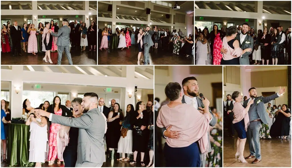 Snohomish Wedding Photographer GSquared Weddings A wedding reception collage: At a charming Port Gamble venue, the couple joyfully dances amidst guests. The groom, in a gray suit, and the bride, in her white dress, savor their summer wedding. Guests watch in formal attire against a backdrop of bright windows. Serving Seattle, Snohomish and Orlando