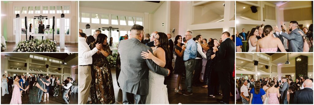 Snohomish Wedding Photographer GSquared Weddings A summer wedding reception in Port Gamble unfolds gracefully, with guests dancing in a spacious hall. The centerpiece is a couple dancing, surrounded by joyful attendees. Large windows and bright lights illuminate the room, creating a festive atmosphere. The DJ stands on a raised platform. Serving Seattle, Snohomish and Orlando