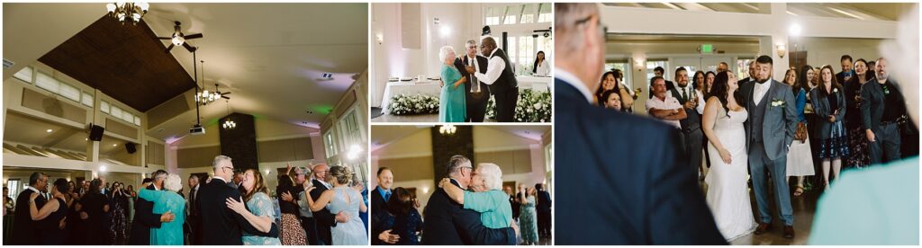 Snohomish Wedding Photographer GSquared Weddings A collage of wedding photos captures a bride and groom at Port Gamble, surrounded by guests; a couple, possibly the brides parents, dance joyfully; and a close-up of another couple sharing a dance—all in a warmly lit indoor venue that echoes the charm of summer. Serving Seattle, Snohomish and Orlando