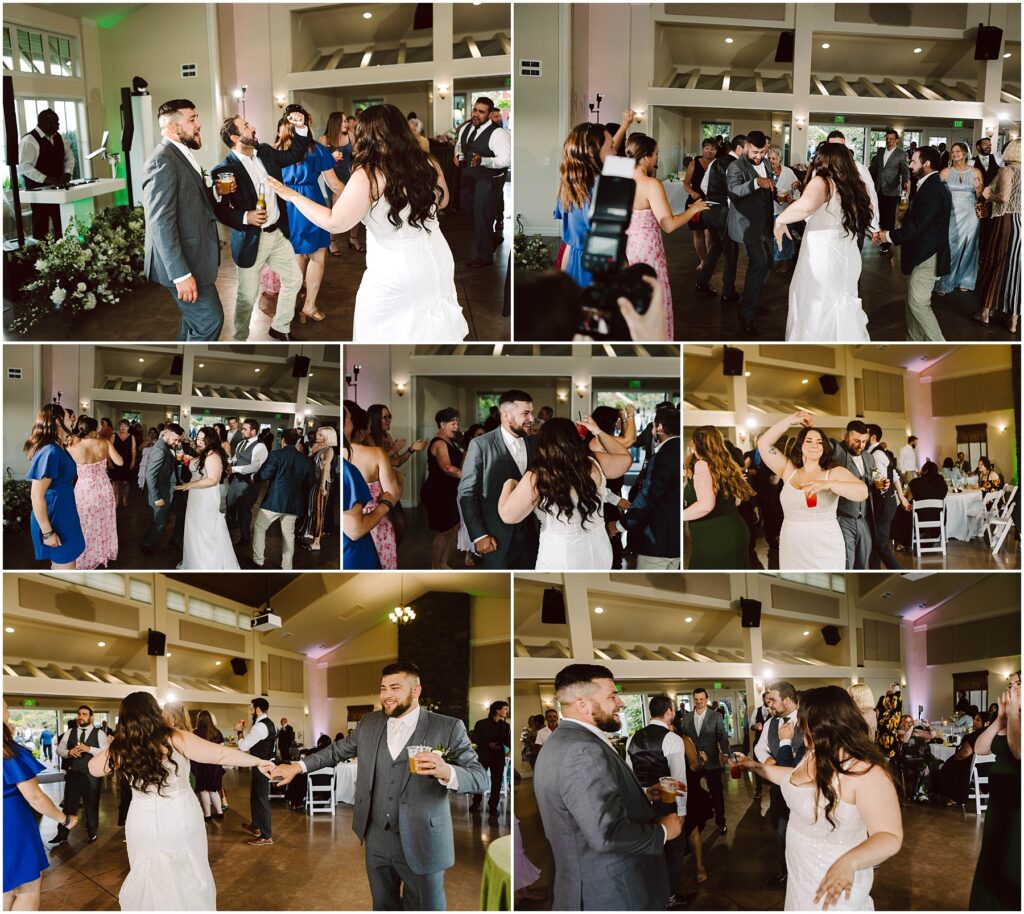 Snohomish Wedding Photographer GSquared Weddings At a lively summer wedding in Port Gamble, a bride in a white dress and a groom in a gray suit dance and mingle with guests. The spacious venue, adorned with high ceilings and colorful lighting, is filled with formally dressed attendees enjoying the celebration. Serving Seattle, Snohomish and Orlando