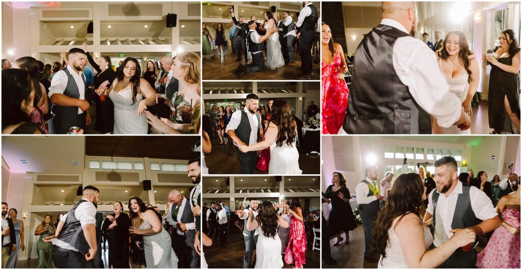 Snohomish Wedding Photographer GSquared Weddings A lively Port Gamble summer wedding reception scene with guests dancing energetically. The couple, in wedding attire, joins the joyful revelry amidst friends. People are smiling and enjoying the celebratory atmosphere in the warmly lit venue. Serving Seattle, Snohomish and Orlando