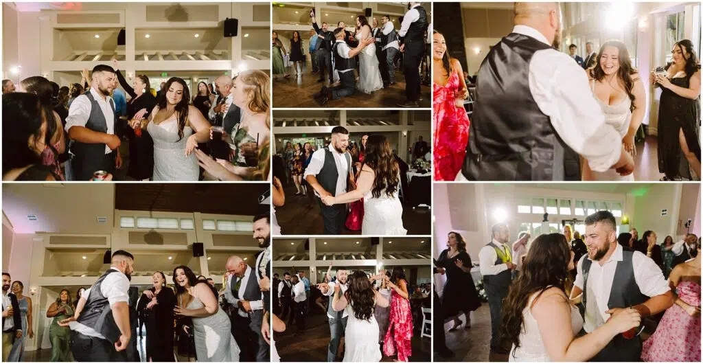 Snohomish Wedding Photographer GSquared Weddings A lively Port Gamble summer wedding reception scene with guests dancing energetically. The couple, in wedding attire, joins the joyful revelry amidst friends. People are smiling and enjoying the celebratory atmosphere in the warmly lit venue. Serving Seattle, Snohomish and Orlando