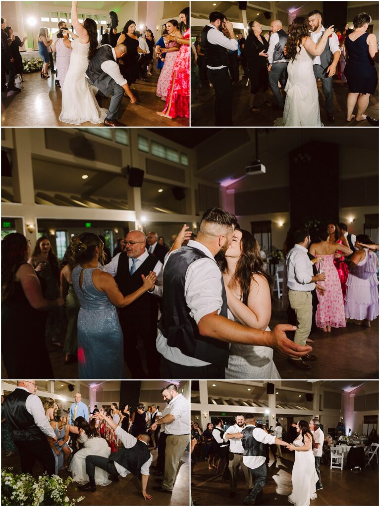 Snohomish Wedding Photographer GSquared Weddings A lively summer wedding reception in Port Gamble has guests dancing energetically. The bride and groom are at the center, with people in formal attire enjoying the celebration. The venue is warmly lit, and everyone seems to be having a fantastic time. Serving Seattle, Snohomish and Orlando