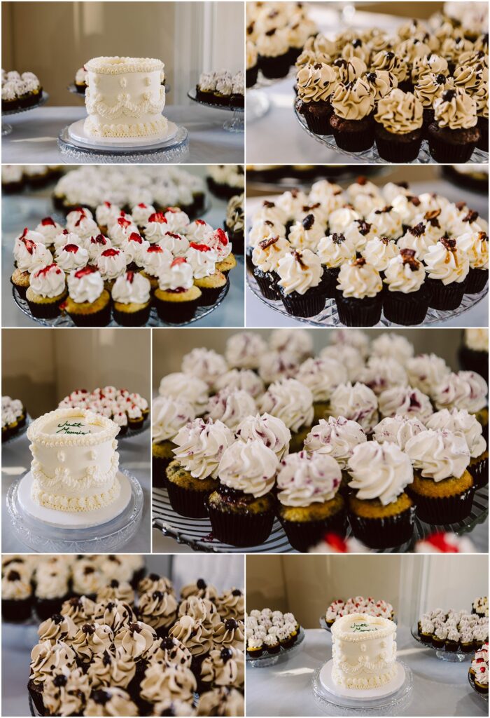 Snohomish Wedding Photographer GSquared Weddings A collage of images features various cupcakes and a small decorated cake perfect for a Port Gamble summer wedding. Cupcakes are topped with cream and toppings like cherries and chocolate chips. The cake is white with elegant floral decoration, capturing the essence of romance. Serving Seattle, Snohomish and Orlando