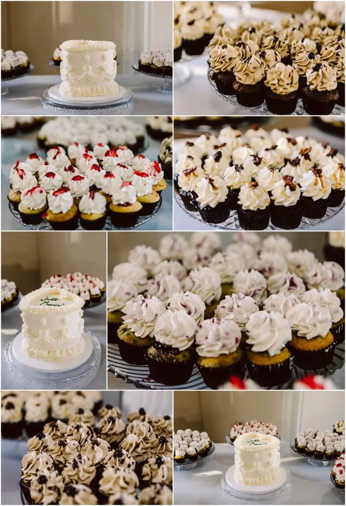 Snohomish Wedding Photographer GSquared Weddings A collage of images features various cupcakes and a small decorated cake perfect for a Port Gamble summer wedding. Cupcakes are topped with cream and toppings like cherries and chocolate chips. The cake is white with elegant floral decoration, capturing the essence of romance. Serving Seattle, Snohomish and Orlando