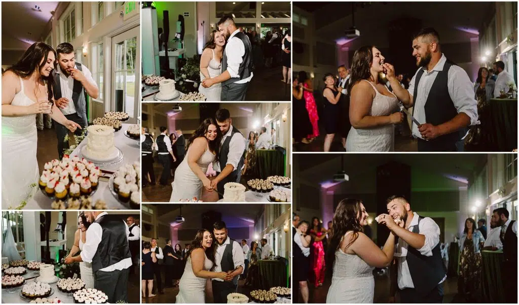 Snohomish Wedding Photographer GSquared Weddings A collage of wedding photos captures a couple cutting and feeding each other cake, surrounded by laughing guests. The venue, adorned with green accents, exudes a joyful ambiance at their Summer Wedding in Port Gamble, with tables brimming with desserts completing the scene. Serving Seattle, Snohomish and Orlando