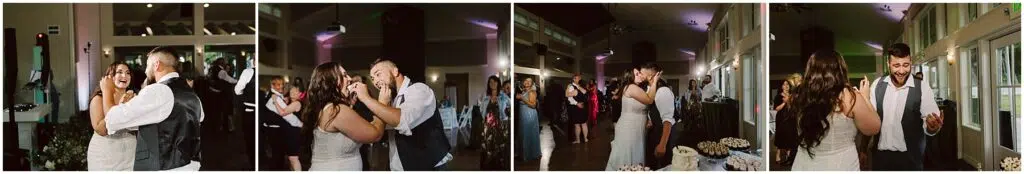 Snohomish Wedding Photographer GSquared Weddings A series of photos showing a bride and groom joyfully dancing at their summer wedding reception in Port Gamble. Guests are visible in the background, and a table with desserts is seen in one image. The setting is warmly lit with a lively atmosphere. Serving Seattle, Snohomish and Orlando