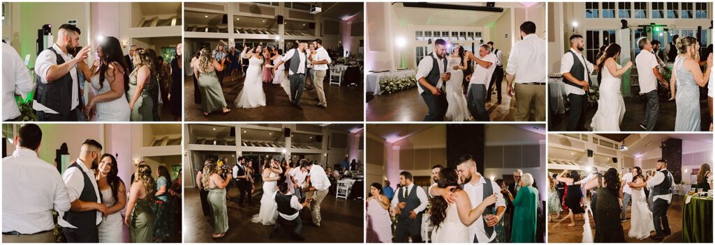 Snohomish Wedding Photographer GSquared Weddings A collage of wedding reception photos captures guests dancing and reveling in the joy of a summer wedding. The bride stuns in a white dress, the groom in a vest, as attendees laugh under festive lighting at the spacious venue of Port Gamble. Serving Seattle, Snohomish and Orlando