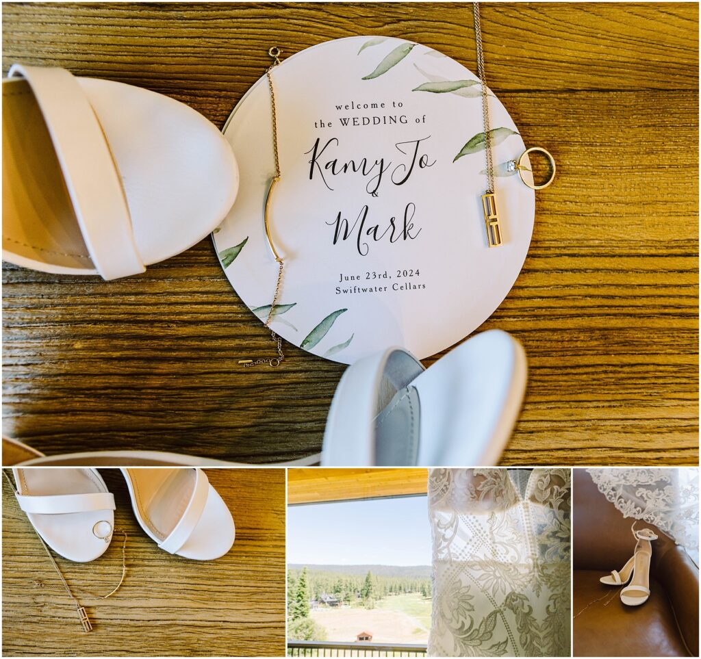 Snohomish Wedding Photographer GSquared Weddings Collage of wedding details: a circular invitation with Kany Jo & Mark on wood, a bracelet, necklace, white shoes, lace fabric, and a scenic view of a winerys vineyard and mountains. Date on invite reads June 23, 2024, at Swiftwater Cellars. Serving Seattle, Snohomish and Orlando