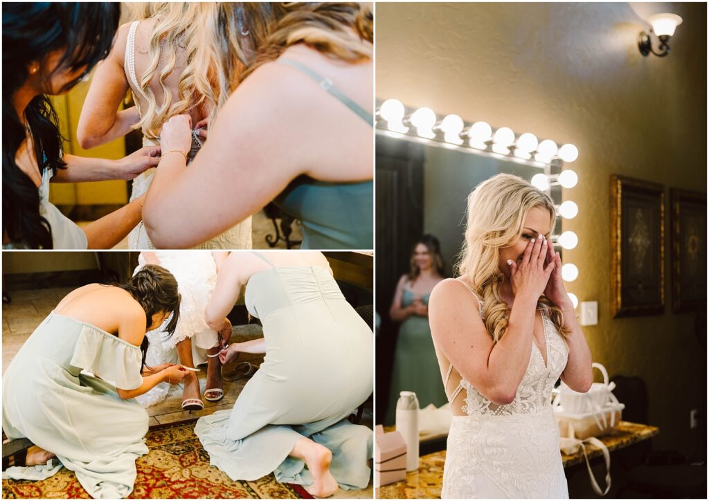 Snohomish Wedding Photographer GSquared Weddings A bride in a white dress is being helped by two women in green dresses, one zipping the back and another adjusting her shoe. Nearby, at a charming winery vanity adorned with lights, the bride smiles and covers her mouth joyfully in a different frame. Serving Seattle, Snohomish and Orlando