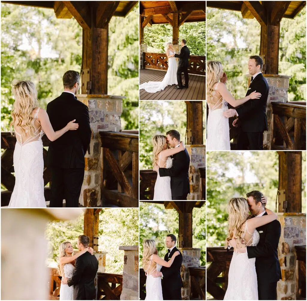 Snohomish Wedding Photographer GSquared Weddings A bride and groom in elegant attire embrace and dance under a wooden gazebo at a charming winery, surrounded by lush greenery. They share joyful and tender moments, highlighted by sunlight filtering through the structure, exchanging loving gazes and affectionate gestures. Serving Seattle, Snohomish and Orlando