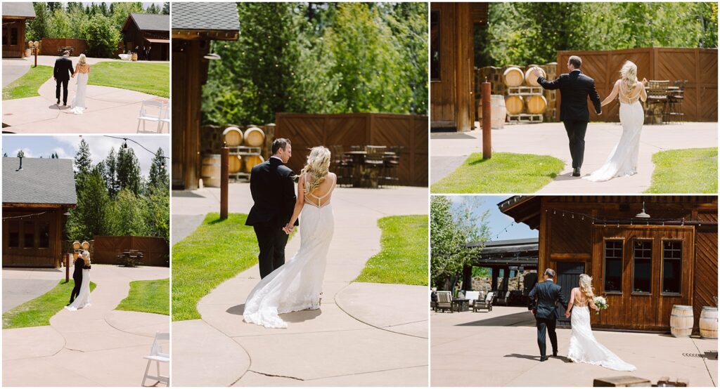 Snohomish Wedding Photographer GSquared Weddings A bride in a white dress and a groom in a black suit hold hands, strolling through a sunlit winery with rustic wooden buildings and lush greenery. Multiple images capture them from different angles as they enjoy the picturesque outdoors. Serving Seattle, Snohomish and Orlando