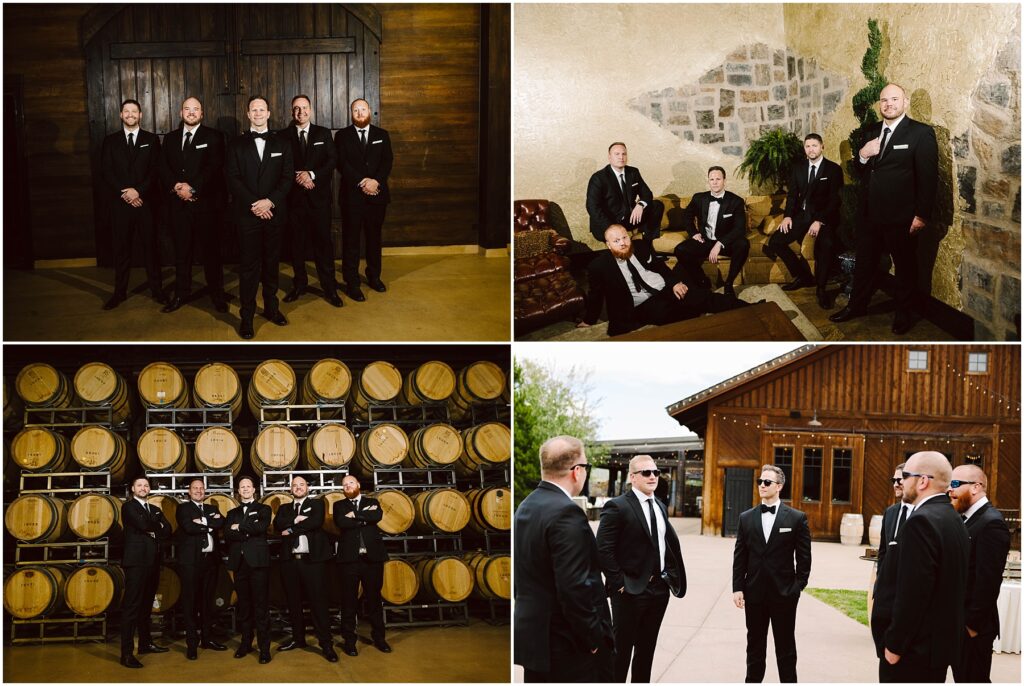 Snohomish Wedding Photographer GSquared Weddings A group of men in black suits, white shirts, and black ties pose at a picturesque winery: in front of wooden barrels, outside a rustic wooden building, and indoors against a brick wall and elegant wooden doors. Serving Seattle, Snohomish and Orlando