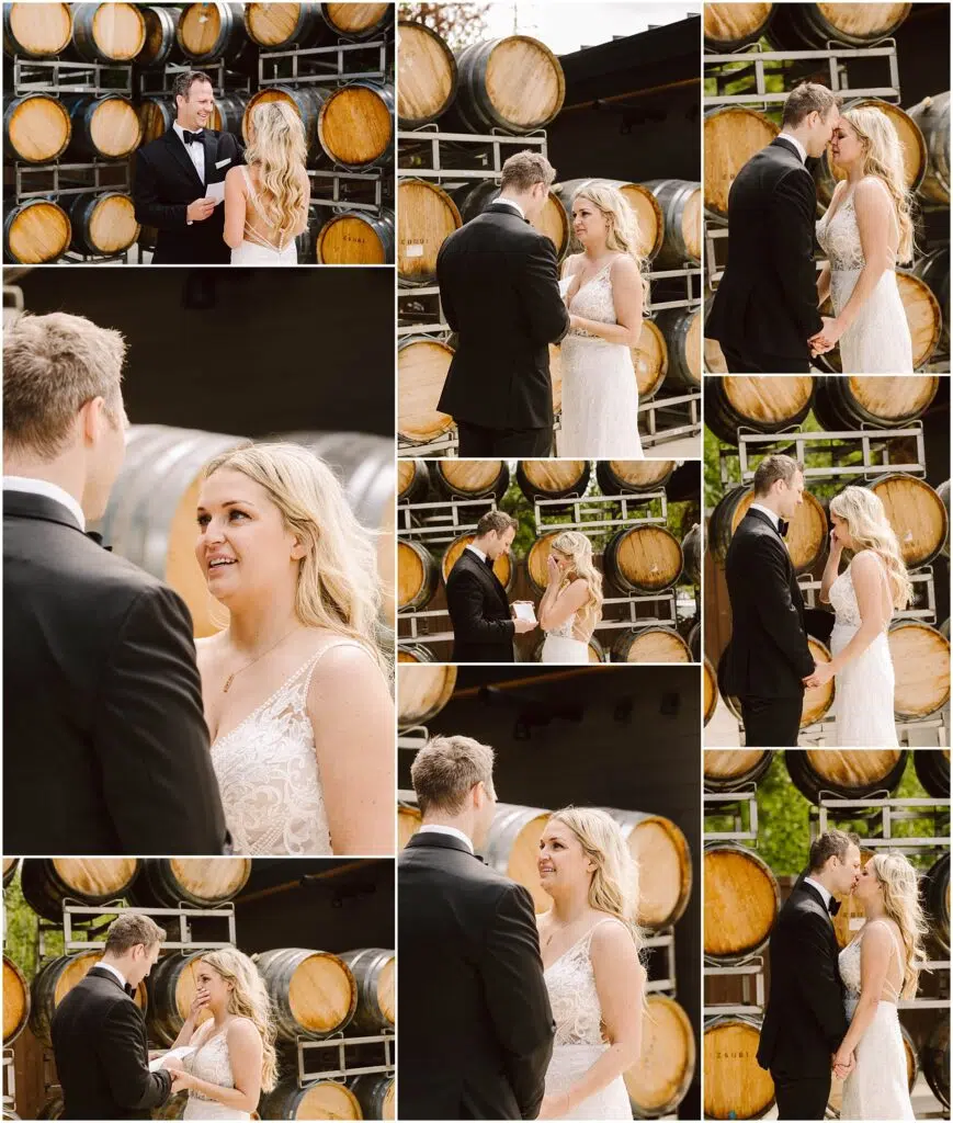 Snohomish Wedding Photographer GSquared Weddings A couple in wedding attire exchange vows in front of stacked wine barrels at a picturesque winery. They hold hands and smile at each other, standing outdoors in various poses. The atmosphere is joyful and intimate. Serving Seattle, Snohomish and Orlando