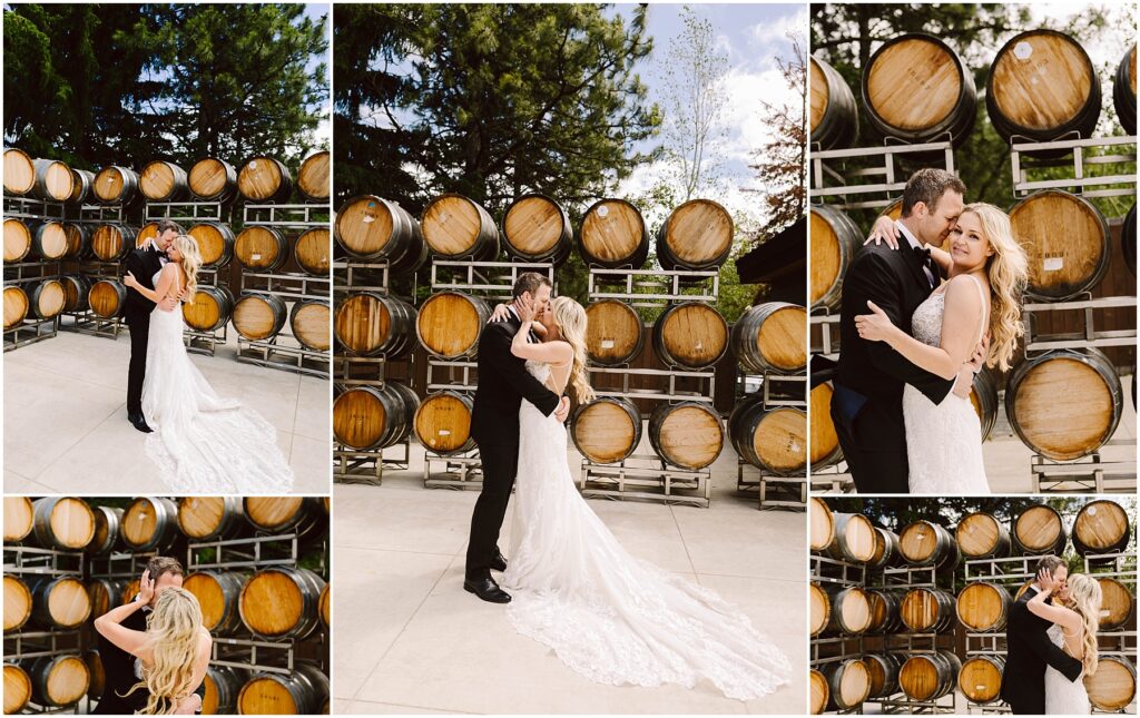 Snohomish Wedding Photographer GSquared Weddings A bride and groom embrace at a picturesque winery, posing for photos in front of stacked wooden barrels. The bride wears a long, lace wedding dress, while the groom dons a black suit. They appear joyful and affectionate under the clear sky. Serving Seattle, Snohomish and Orlando