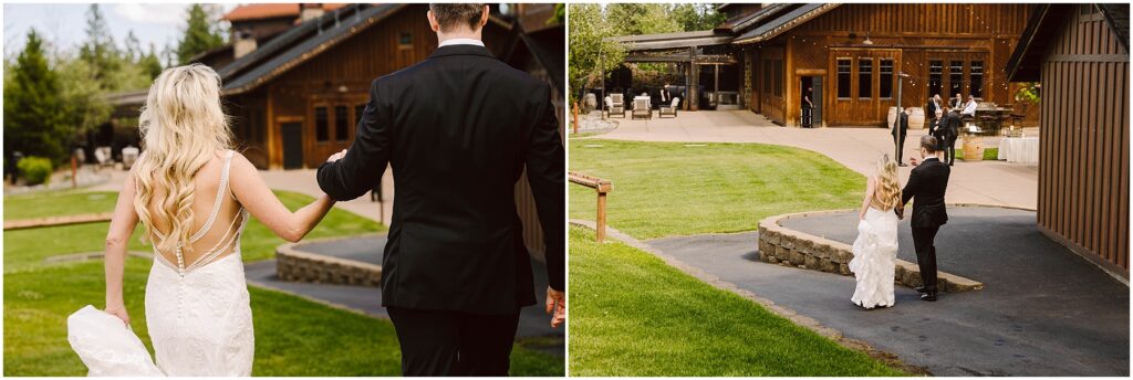 Snohomish Wedding Photographer GSquared Weddings A bride and groom, both in formal attire, walk hand in hand towards a rustic wooden winery. The setting features lush greenery and a paved path, creating a scenic atmosphere for their outdoor event. Serving Seattle, Snohomish and Orlando