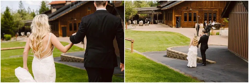 Snohomish Wedding Photographer GSquared Weddings A bride and groom, both in formal attire, walk hand in hand towards a rustic wooden winery. The setting features lush greenery and a paved path, creating a scenic atmosphere for their outdoor event. Serving Seattle, Snohomish and Orlando