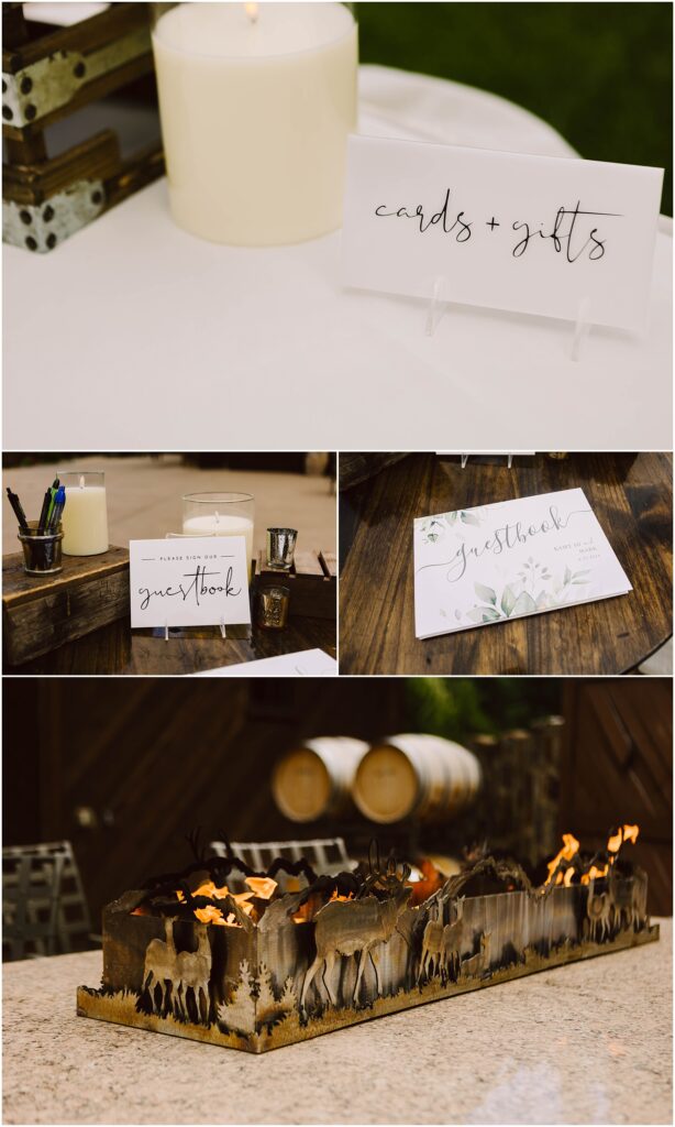 Snohomish Wedding Photographer GSquared Weddings Collage of a winery wedding setup: a candle and cards + gifts sign, a guestbook table with pens and an instruction card, a guestbook with floral cover, and a decorative metal sculpture of a forest scene on fire. Serving Seattle, Snohomish and Orlando