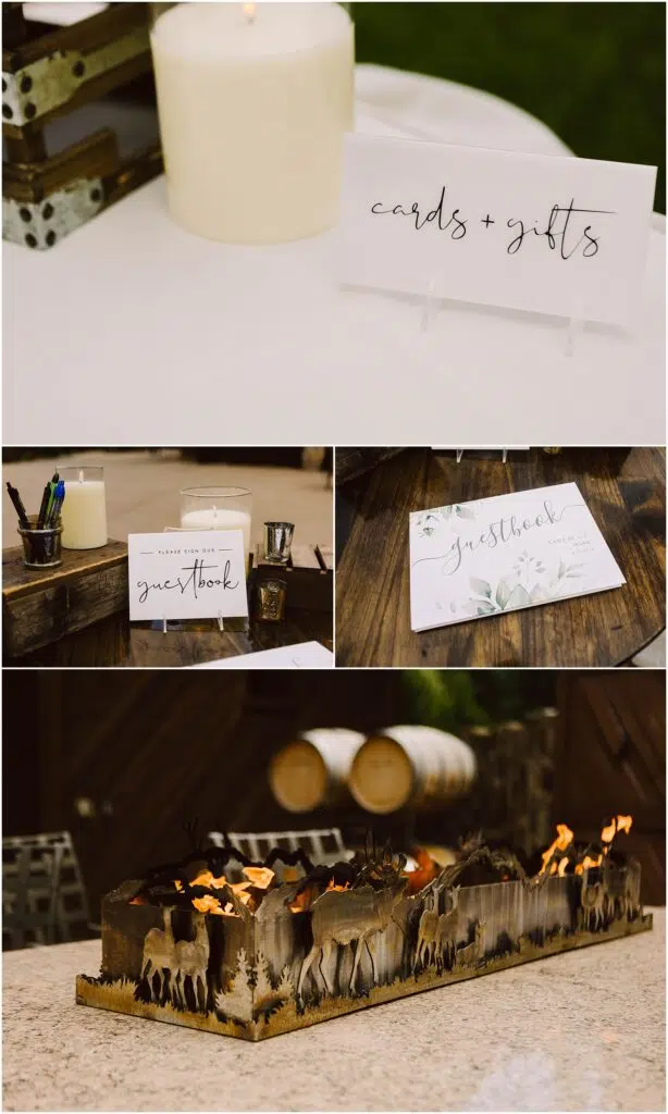 Snohomish Wedding Photographer GSquared Weddings Collage of a winery wedding setup: a candle and cards + gifts sign, a guestbook table with pens and an instruction card, a guestbook with floral cover, and a decorative metal sculpture of a forest scene on fire. Serving Seattle, Snohomish and Orlando