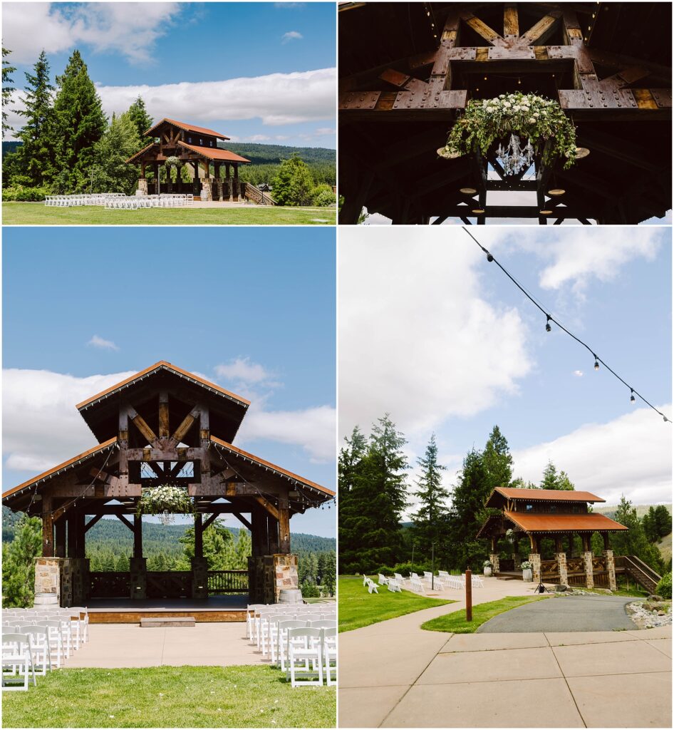Snohomish Wedding Photographer GSquared Weddings A four-image collage of an outdoor wedding venue at a charming winery. It features a wooden pavilion with stone accents, surrounded by lush greenery and mountains. White chairs are arranged in rows, and string lights hang above the pathway leading to the pavilion. Serving Seattle, Snohomish and Orlando