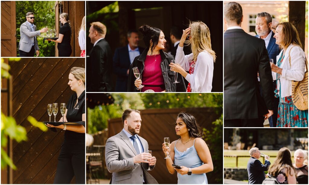 Snohomish Wedding Photographer GSquared Weddings A collage of six images showcases people at an outdoor social event at a winery. Individuals hold drinks, chat, and interact. A server carries a tray of wine glasses. This diverse group, dressed in semi-formal attire, savors sunny weather and lively conversation. Serving Seattle, Snohomish and Orlando
