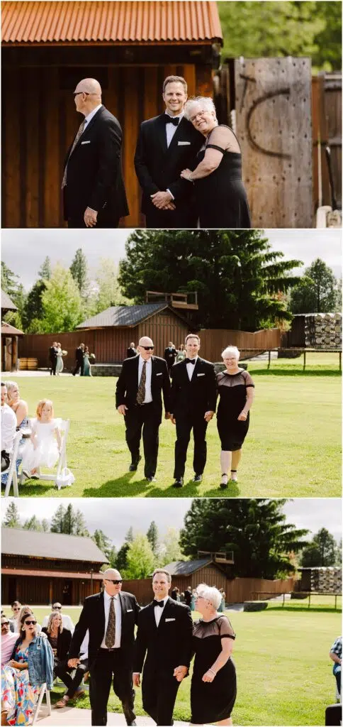Snohomish Wedding Photographer GSquared Weddings A wedding scene unfolds at a charming winery, with the groom in a black suit flanked by an older man wearing sunglasses and an older woman in a black dress. They stroll across the grass, as onlookers seated nearby admire the rustic wooden buildings that dot the vineyard landscape. Serving Seattle, Snohomish and Orlando