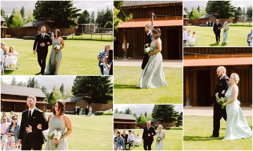 Snohomish Wedding Photographer GSquared Weddings Collage of a wedding procession outdoors at a charming winery. Couples in formal attire walk on green grass with rustic wooden buildings in the background. Bridesmaids wear sage green dresses, groomsmen in black suits. Guests seated on either side, lush trees visible under a partly cloudy sky. Serving Seattle, Snohomish and Orlando