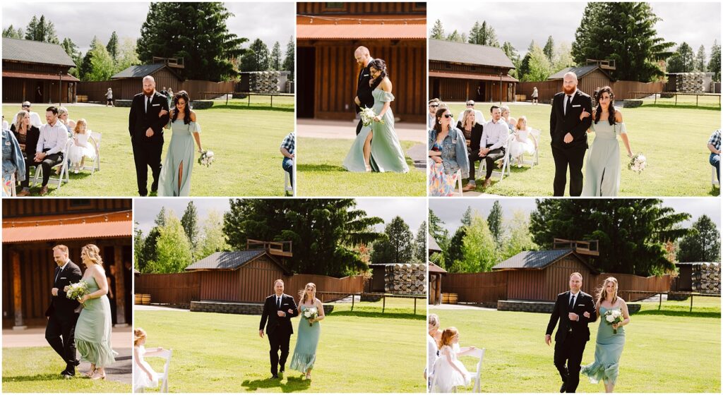 Snohomish Wedding Photographer GSquared Weddings A collage of six outdoor wedding photos showcases bridesmaids and groomsmen walking down a vineyard aisle. The setting, amidst lush greenery, features guests seated on either side and a rustic wooden building in the background. Bridesmaids hold bouquets and wear light green dresses, perfectly complementing the winery ambiance. Serving Seattle, Snohomish and Orlando
