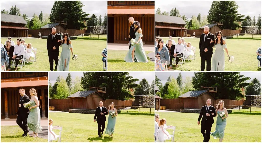 Snohomish Wedding Photographer GSquared Weddings A collage of six outdoor wedding photos showcases bridesmaids and groomsmen walking down a vineyard aisle. The setting, amidst lush greenery, features guests seated on either side and a rustic wooden building in the background. Bridesmaids hold bouquets and wear light green dresses, perfectly complementing the winery ambiance. Serving Seattle, Snohomish and Orlando