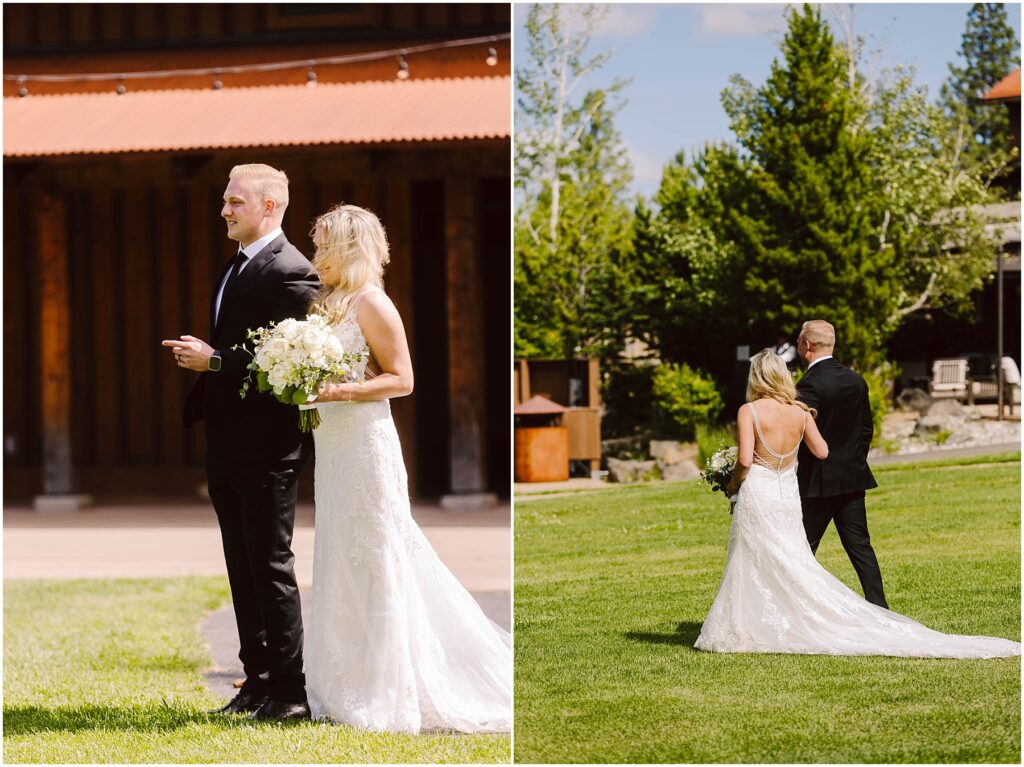 Snohomish Wedding Photographer GSquared Weddings A couple in wedding attire strolls on grass beside a rustic building, evoking the charm of a winery. The groom, in a black suit, and the bride, clutching her bouquet in a white dress, are seen from behind as they walk away amidst lush greenery. Serving Seattle, Snohomish and Orlando
