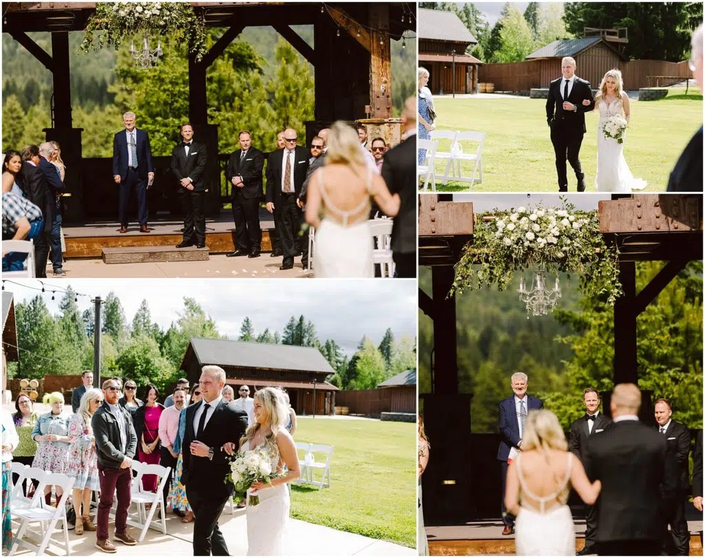 Snohomish Wedding Photographer GSquared Weddings A bride in a white gown walks down an outdoor aisle at a scenic winery with a man in a suit. Guests are seated on either side. The venue showcases a wooden arch adorned with greenery and flowers, surrounded by trees, offering a stunning mountain view on this sunny day. Serving Seattle, Snohomish and Orlando