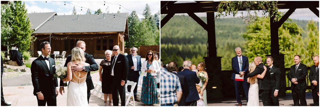 Snohomish Wedding Photographer GSquared Weddings A wedding ceremony unfolds in an outdoor venue surrounded by trees. At a picturesque winery, a bride in a white dress and groom in a black suit stand before guests. String lights and lush greenery adorn the area, set against a stunning mountain landscape. Serving Seattle, Snohomish and Orlando
