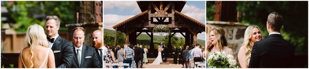 Snohomish Wedding Photographer GSquared Weddings Three-panel image: Left, a couple holds hands during an outdoor ceremony at the winery. Center, view of the ceremony with guests seated and mountains visible in the distance. Right, the couple smiles at each other under an outdoor structure adorned with flowers. Serving Seattle, Snohomish and Orlando
