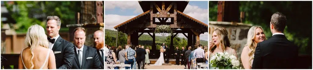 Snohomish Wedding Photographer GSquared Weddings Three-panel image: Left, a couple holds hands during an outdoor ceremony at the winery. Center, view of the ceremony with guests seated and mountains visible in the distance. Right, the couple smiles at each other under an outdoor structure adorned with flowers. Serving Seattle, Snohomish and Orlando