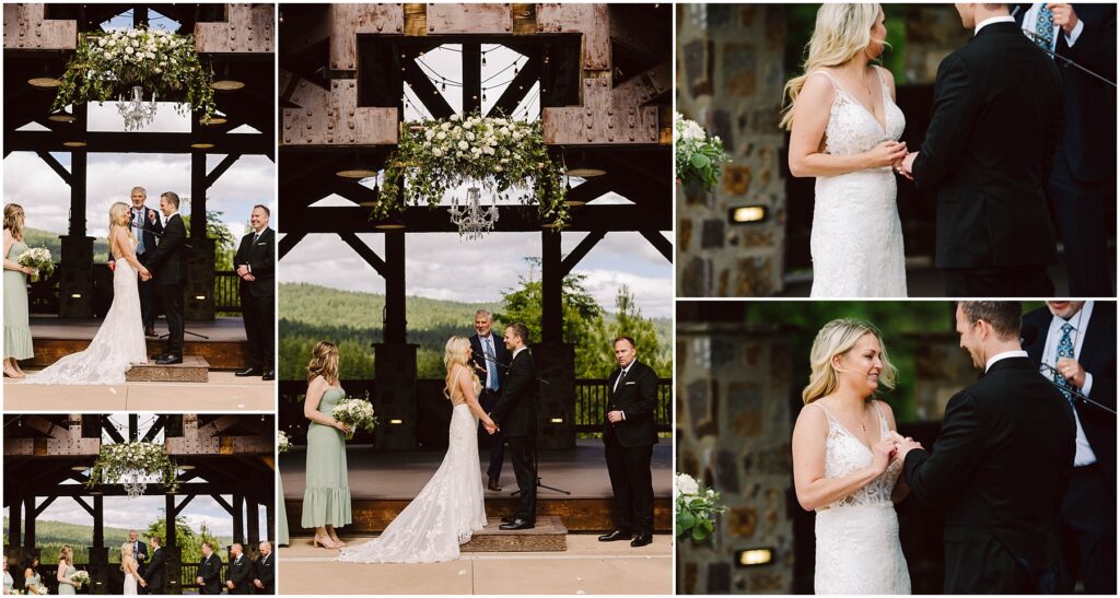 Snohomish Wedding Photographer GSquared Weddings A couple exchanges vows at an outdoor wedding under a rustic wooden arch adorned with greenery and flowers at a picturesque winery. A bridesmaid in a green dress stands nearby, complementing the scenic view of rolling green hills and a partly cloudy sky. Serving Seattle, Snohomish and Orlando