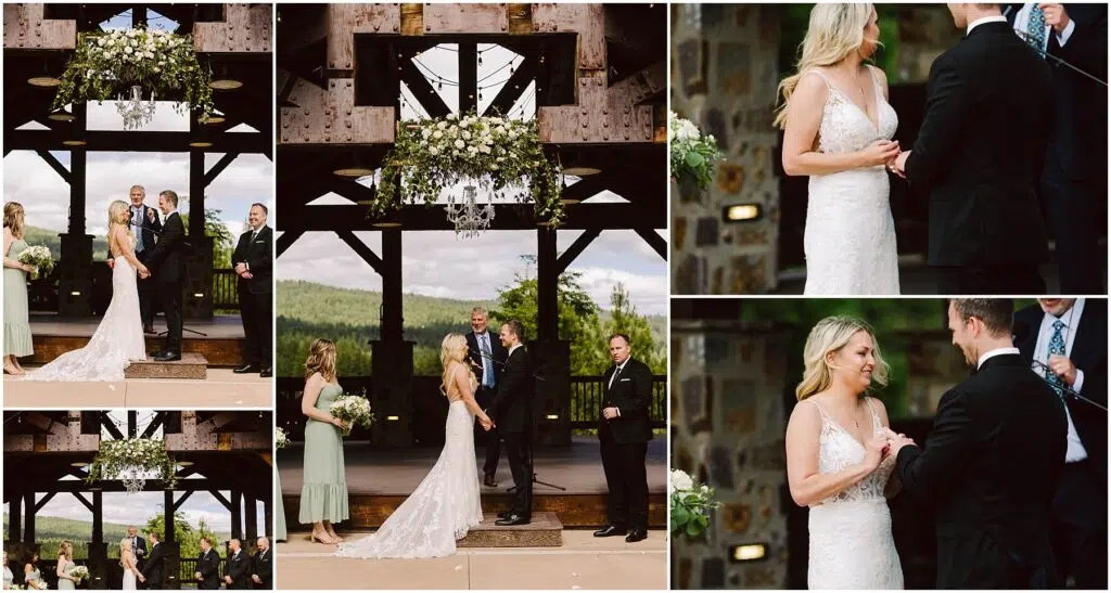 Snohomish Wedding Photographer GSquared Weddings A couple exchanges vows at an outdoor wedding under a rustic wooden arch adorned with greenery and flowers at a picturesque winery. A bridesmaid in a green dress stands nearby, complementing the scenic view of rolling green hills and a partly cloudy sky. Serving Seattle, Snohomish and Orlando