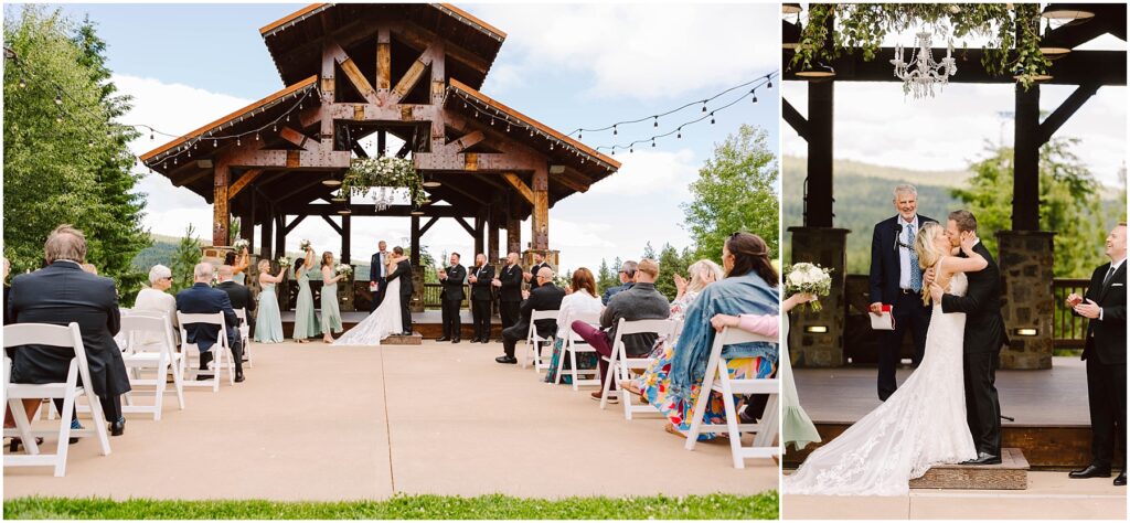 Snohomish Wedding Photographer GSquared Weddings Outdoor winery wedding scene. Left side: guests seated facing the couple wed under a wooden pavilion. Right side: newlyweds smiling and embracing near the pavilion. Bridesmaids in green dresses complement the lush vineyard backdrop. Serving Seattle, Snohomish and Orlando