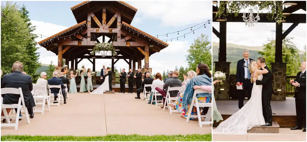 Snohomish Wedding Photographer GSquared Weddings Outdoor winery wedding scene. Left side: guests seated facing the couple wed under a wooden pavilion. Right side: newlyweds smiling and embracing near the pavilion. Bridesmaids in green dresses complement the lush vineyard backdrop. Serving Seattle, Snohomish and Orlando