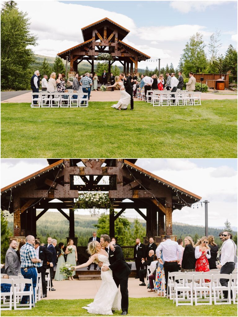 Snohomish Wedding Photographer GSquared Weddings Top half: Outdoor wedding ceremony under a wooden pavilion at a picturesque winery, with guests seated on white chairs. Bottom half: Bride and groom joyfully dance down the aisle, surrounded by applauding guests. Lush greenery and a clear sky in the background. Serving Seattle, Snohomish and Orlando
