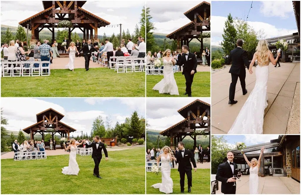 Snohomish Wedding Photographer GSquared Weddings Bride and groom in wedding attire celebrate outside, walking down an aisle with joyful expressions. Guests seated and some clapping at the scenic winery backdrop with lush greenery, a wooden archway, and clear sky. Multiple shots capture the couples happiness and picturesque surroundings. Serving Seattle, Snohomish and Orlando