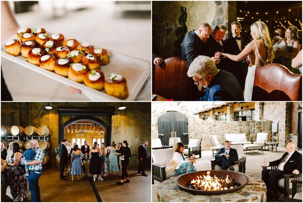 Snohomish Wedding Photographer GSquared Weddings A collage of four images: a tray of appetizers, people socializing indoors near wine barrels, a group at a table with a woman in a dress engaging with others, and guests relaxing by an outdoor fire pit near stone walls at the winery. Serving Seattle, Snohomish and Orlando
