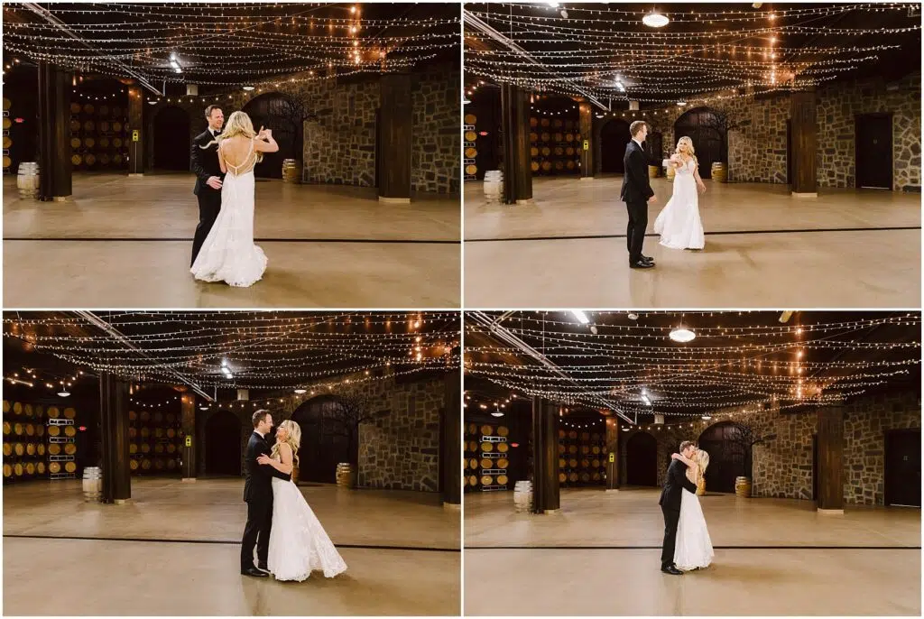 Snohomish Wedding Photographer GSquared Weddings A bride and groom share a first dance in a rustic winery venue with stone walls and barrel decor. String lights hang overhead, illuminating the couple as they embrace and spin around the spacious room, capturing a romantic moment. Serving Seattle, Snohomish and Orlando
