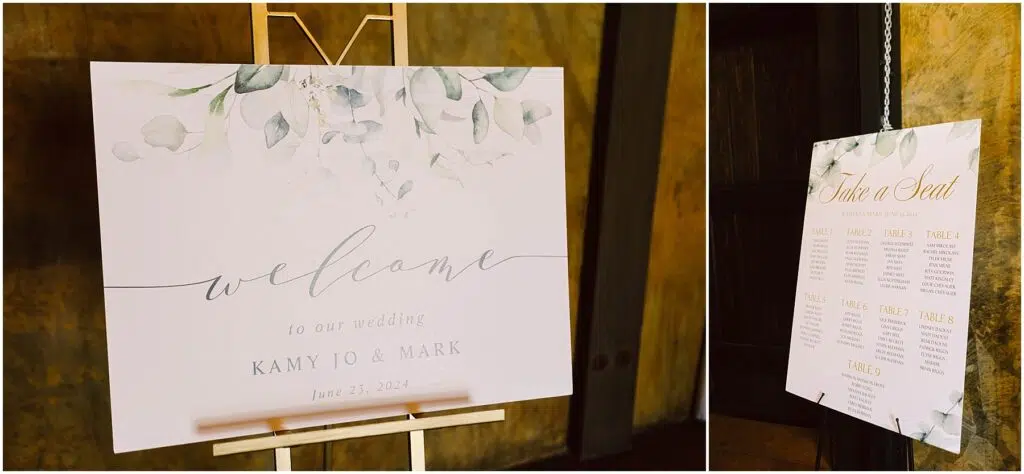 Snohomish Wedding Photographer GSquared Weddings A charming wedding sign on an easel reads Welcome to our wedding Kamy Jo & Mark, June 25, 2024 with watercolor leaves. Nestled in a rustic winery setting, a seating chart elegantly hangs on a chain, detailing table arrangements under soft lighting. Serving Seattle, Snohomish and Orlando