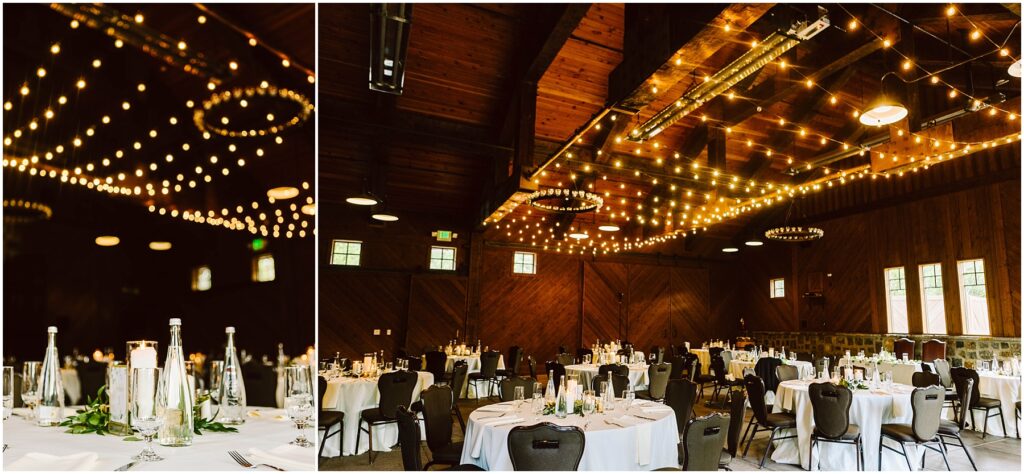 Snohomish Wedding Photographer GSquared Weddings A warmly lit banquet hall in a charming winery features round tables covered in white tablecloths, set for a formal event. Overhead, strings of lights form a glowing canopy, while the wooden walls and ceiling add to the rustic ambiance. Serving Seattle, Snohomish and Orlando