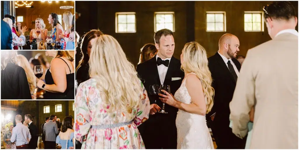 Snohomish Wedding Photographer GSquared Weddings A wedding reception at a charming winery, with guests mingling in formal attire. The bride shines in her white gown beside a man in a black suit against a backdrop of lush vineyards. Smaller images capture guests chatting and savoring fine wine. Serving Seattle, Snohomish and Orlando