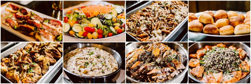 Snohomish Wedding Photographer GSquared Weddings A buffet spread featuring various dishes: roasted meats, a fresh vegetable salad with tomatoes and cucumbers, creamy mashed potatoes, seasoned sweet potatoes, green beans with almonds, and a basket of dinner rolls—all designed to complement the finest selections from the winery. Serving Seattle, Snohomish and Orlando